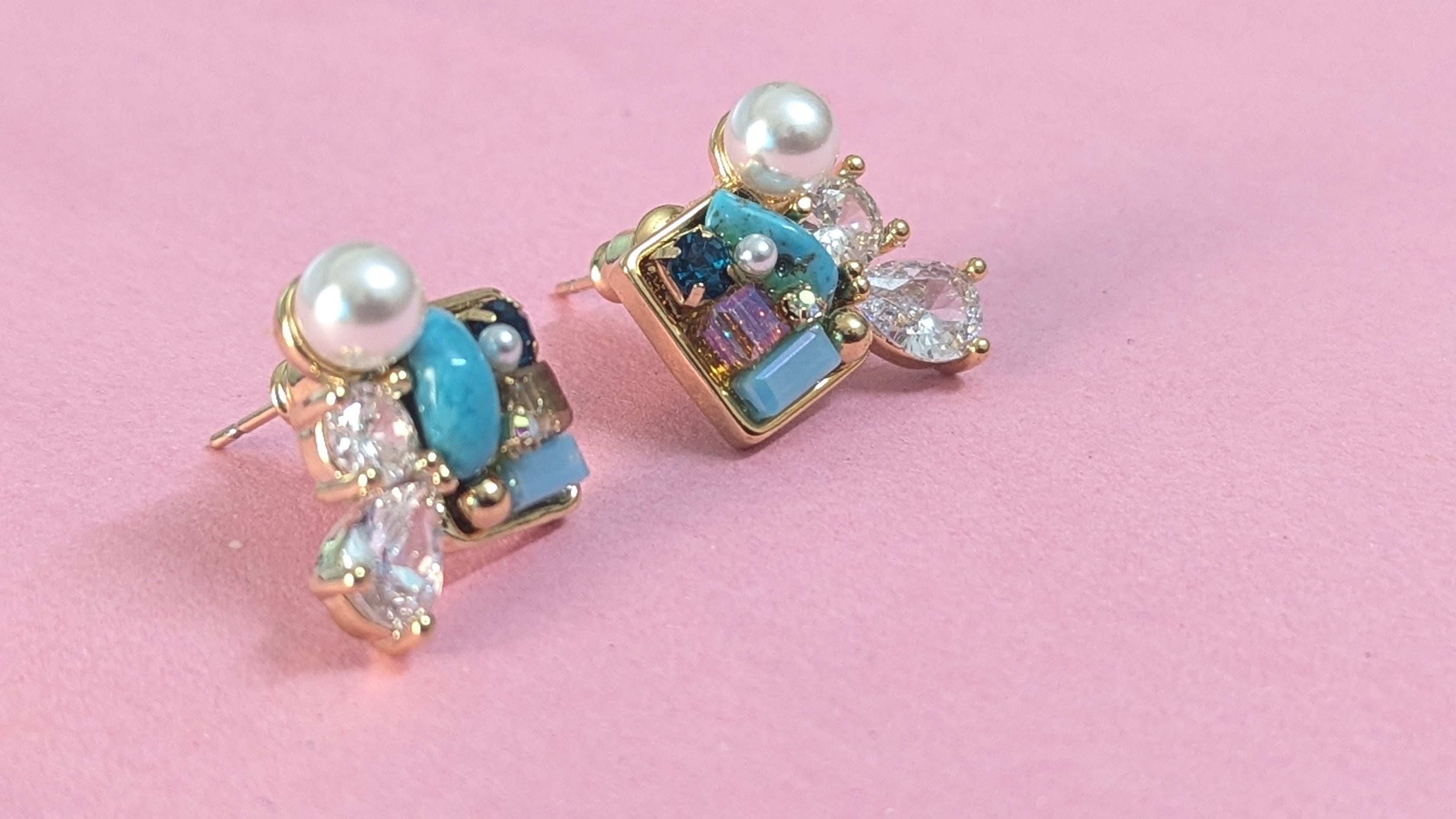 Pearl & CZ Studded Blue Anti Tarnish Stud Earring
